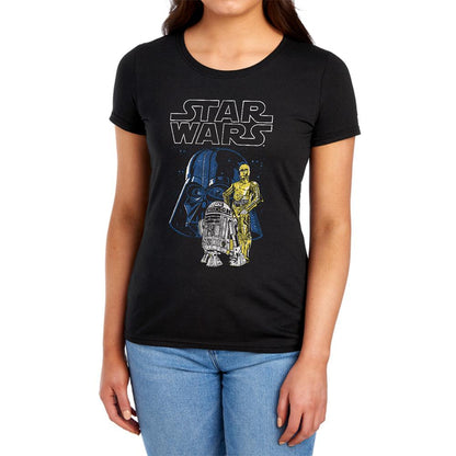 Black - Lifestyle - Star Wars Womens-Ladies Vader And Droids Ringspun Cotton Fitted T-Shirt