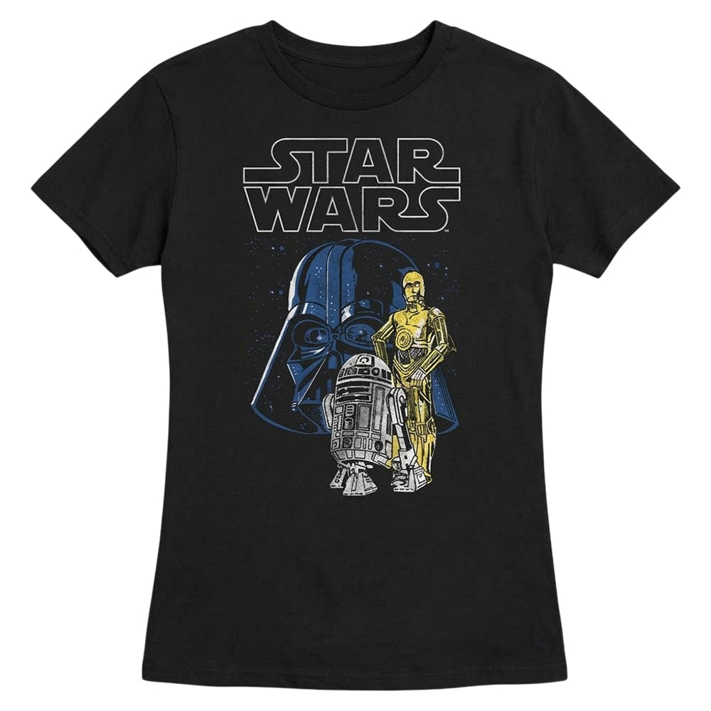 Black - Front - Star Wars Womens-Ladies Vader And Droids Ringspun Cotton Fitted T-Shirt