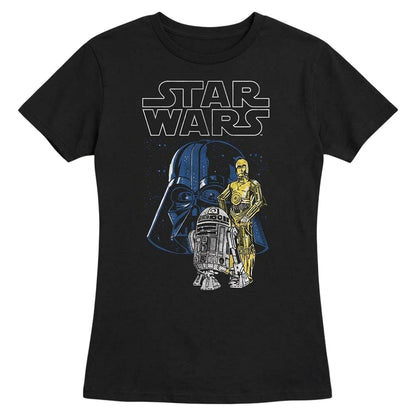 Black - Front - Star Wars Womens-Ladies Vader And Droids Ringspun Cotton Fitted T-Shirt