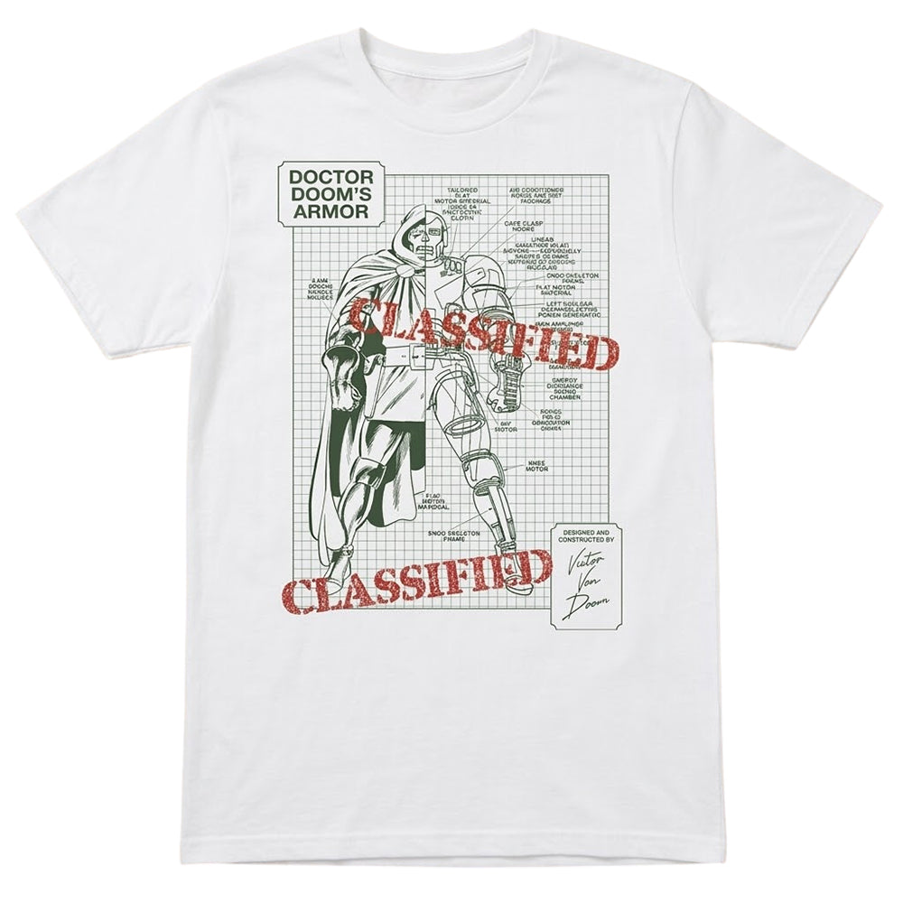 White - Front - Doctor Doom Womens-Ladies Doom´s Classified Armor Blueprint Fitted T-Shirt