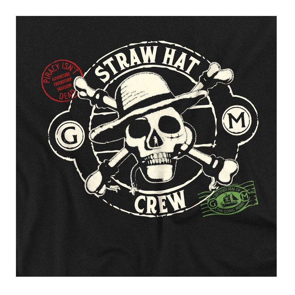 Black - Side - One Piece Childrens-Kids Straw Hat Crew Stamp T-Shirt