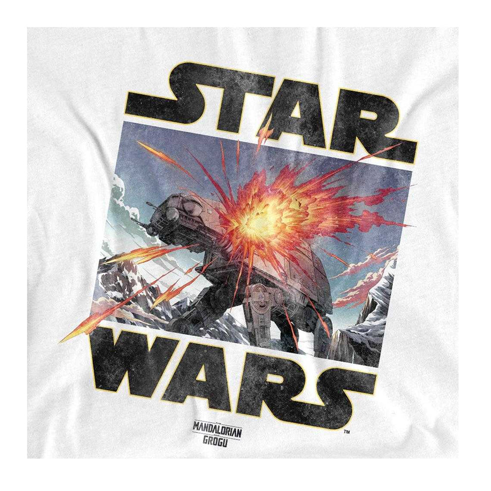 White - Side - Star Wars Mandalorian Womens-Ladies At Attack Grogu Fitted T-Shirt