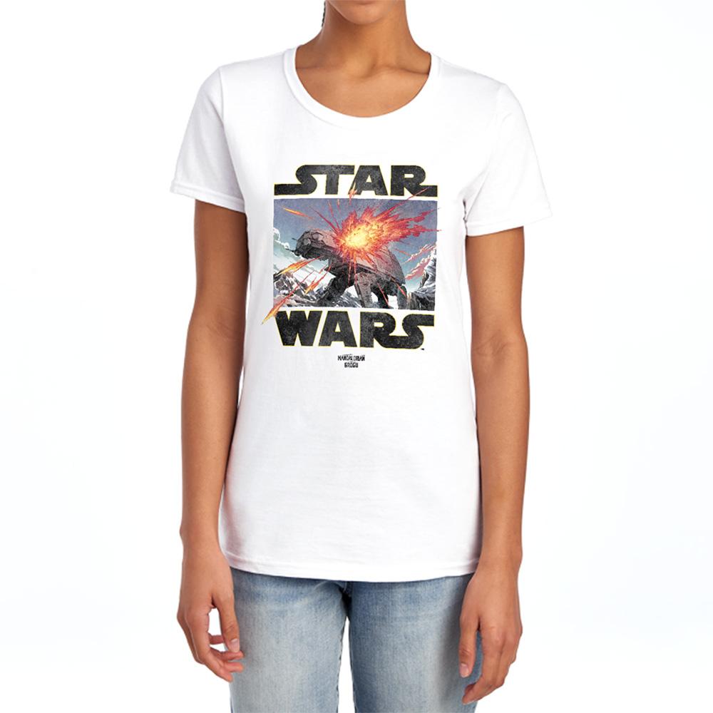 White - Lifestyle - Star Wars Mandalorian Womens-Ladies At Attack Grogu Fitted T-Shirt