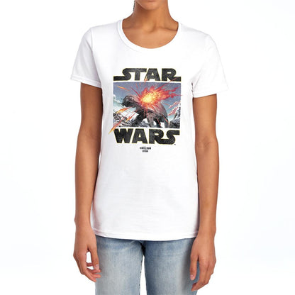 White - Lifestyle - Star Wars Mandalorian Womens-Ladies At Attack Grogu Fitted T-Shirt