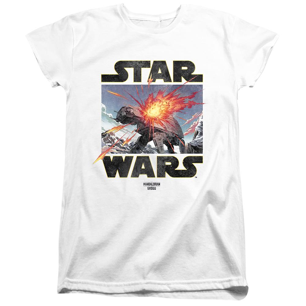 White - Front - Star Wars Mandalorian Womens-Ladies At Attack Grogu Fitted T-Shirt