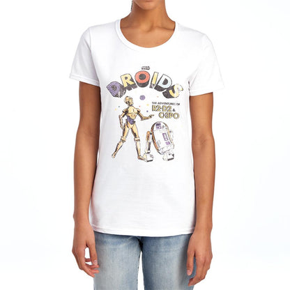 White - Lifestyle - Star Wars Womens-Ladies Droids Retro Ringspun Cotton Fitted T-Shirt