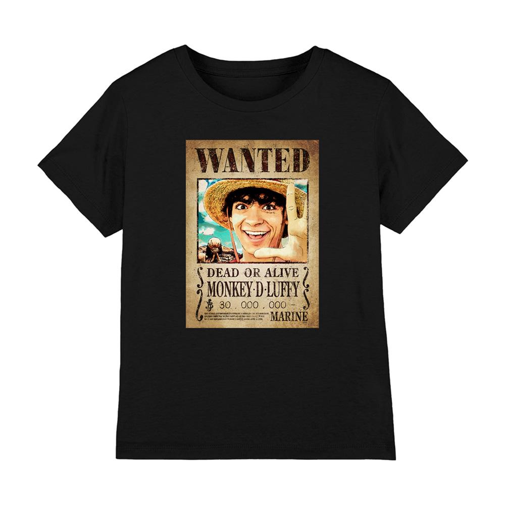 Black - Front - One Piece Childrens-Kids Luffy Wanted Poster Ringspun Cotton T-Shirt