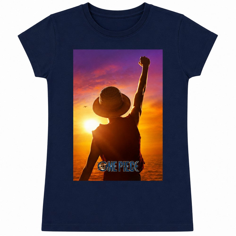 Navy - Front - One Piece Womens-Ladies Luffy Sunset Fitted T-Shirt