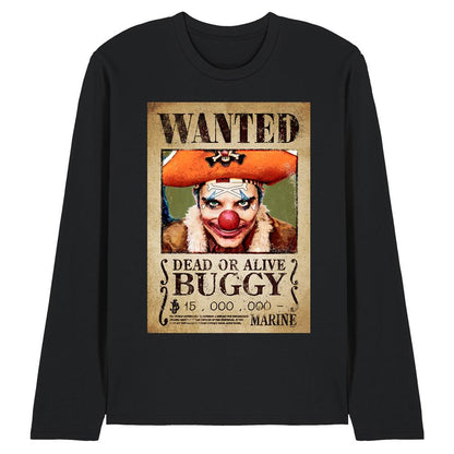 Black - Front - One Piece Unisex Adult Buggy the Clown Wanted Poster Long-Sleeved T-Shirt