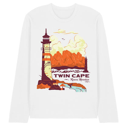 White - Front - One Piece Unisex Adult Twin Cape Reverse Mountain Poster Long-Sleeved T-Shirt