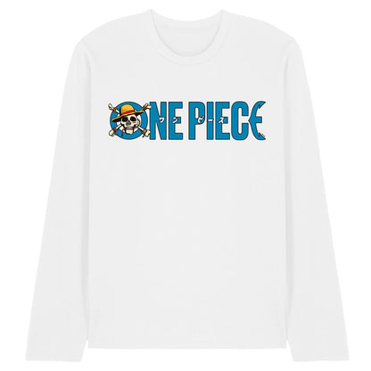 White - Front - One Piece Unisex Adult Jolly Roger Luffy Logo Long-Sleeved T-Shirt