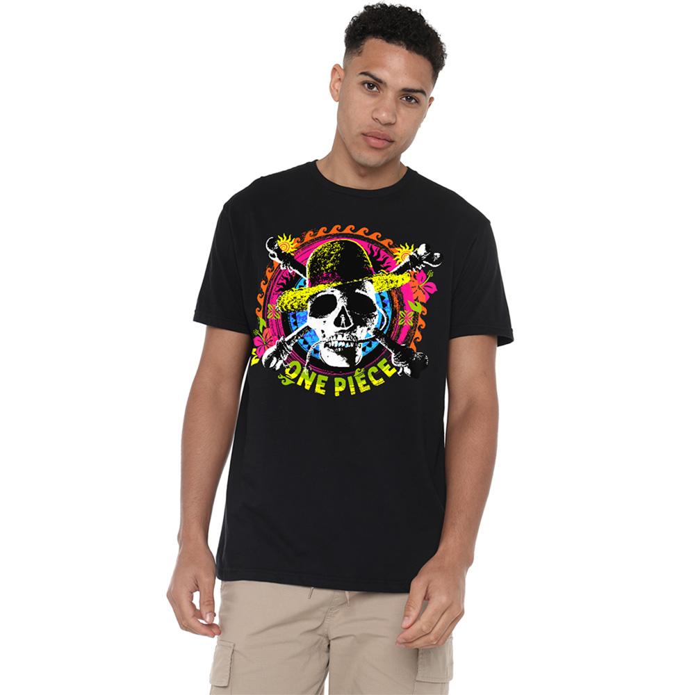 Black - Side - One Piece Unisex Adult Tropical Jolly Roger Logo T-Shirt