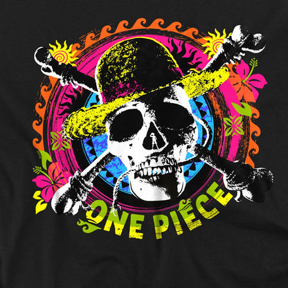 Black - Pack Shot - One Piece Unisex Adult Tropical Jolly Roger Logo T-Shirt