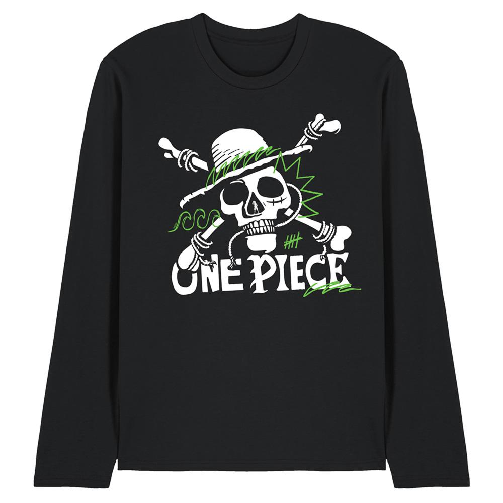 Black - Front - One Piece Unisex Adult Jolly Roger Doodle Ringspun Cotton Long-Sleeved T-Shirt