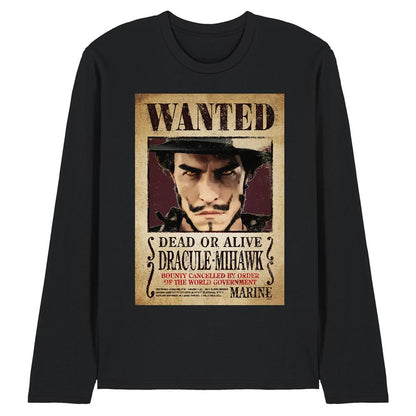 Black - Front - One Piece Unisex Adult Dracule Mihawk Wanted Poster Long-Sleeved T-Shirt