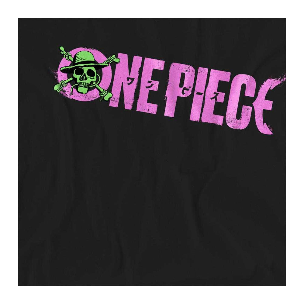 Black - Side - One Piece Womens-Ladies Monkey D. Luffy Jolly Roger Logo T-Shirt
