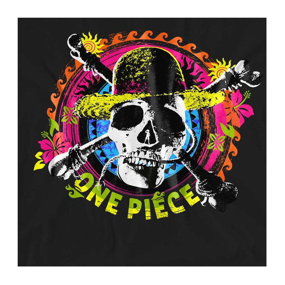 Black - Side - One Piece Womens-Ladies Tropical Jolly Roger Logo T-Shirt