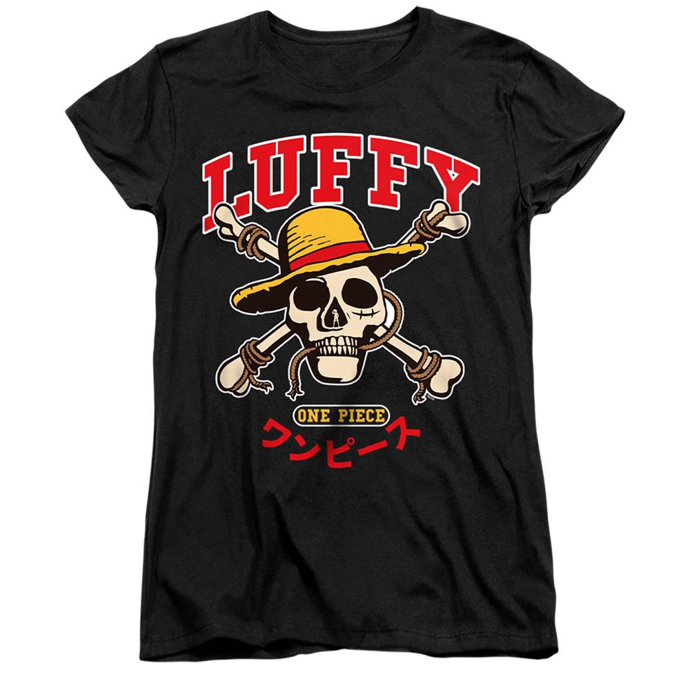 Black - Front - One Piece Womens-Ladies Luffy Collegic Skull Fitted T-Shirt