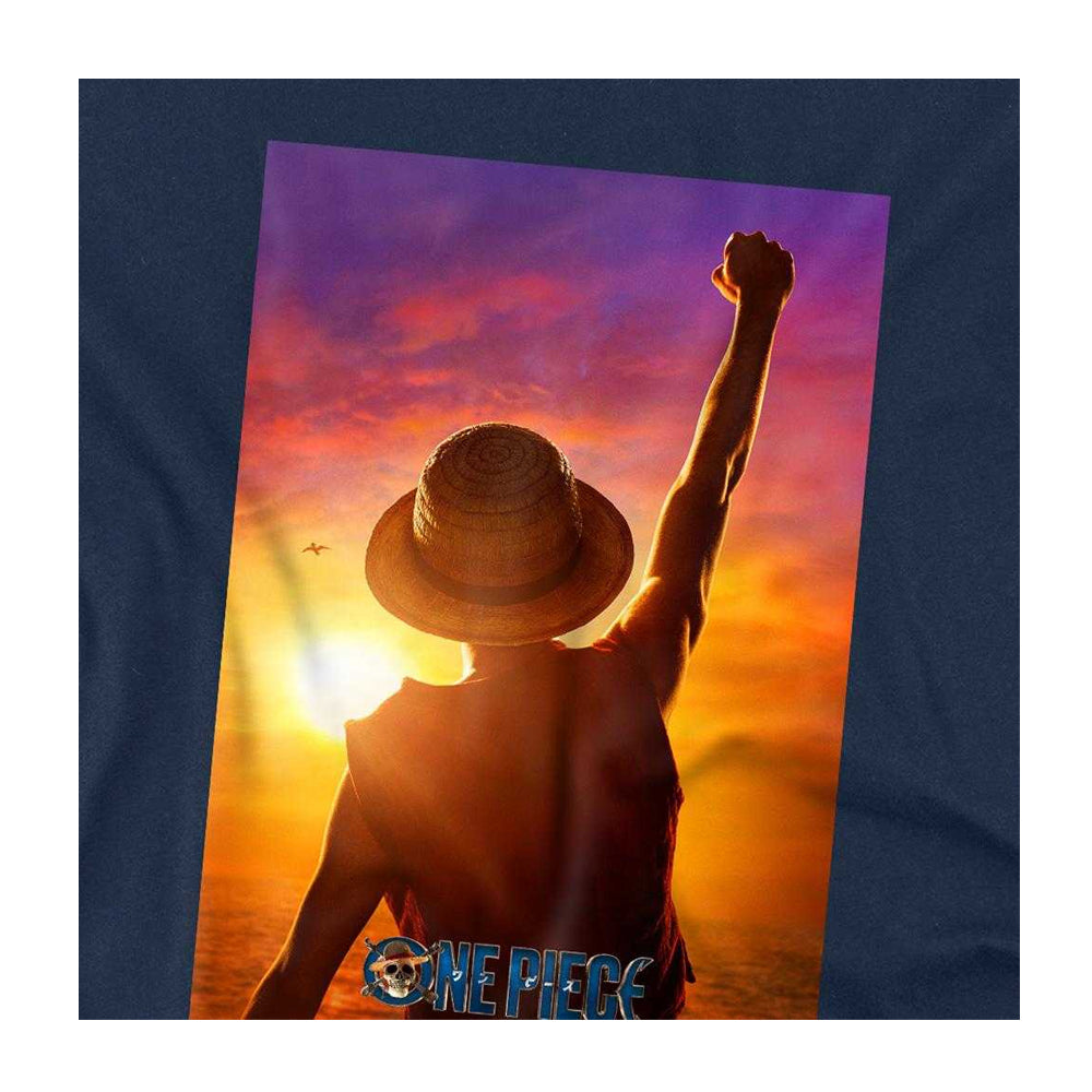 Navy - Side - One Piece Childrens-Kids Luffy Sunset T-Shirt