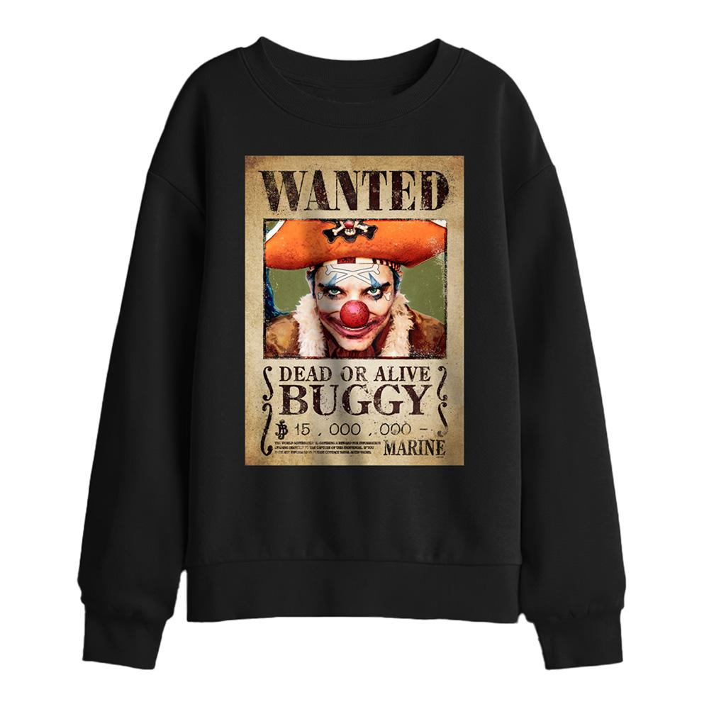 Black - Front - One Piece Childrens-Kids Buggy the Clown Wanted Poster Sweatshirt