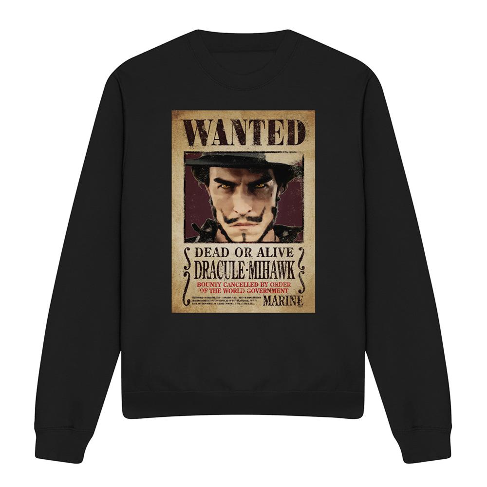 Black - Front - One Piece Unisex Adult Dracule Mihawk Wanted Poster Long-Sleeved Sweatshirt