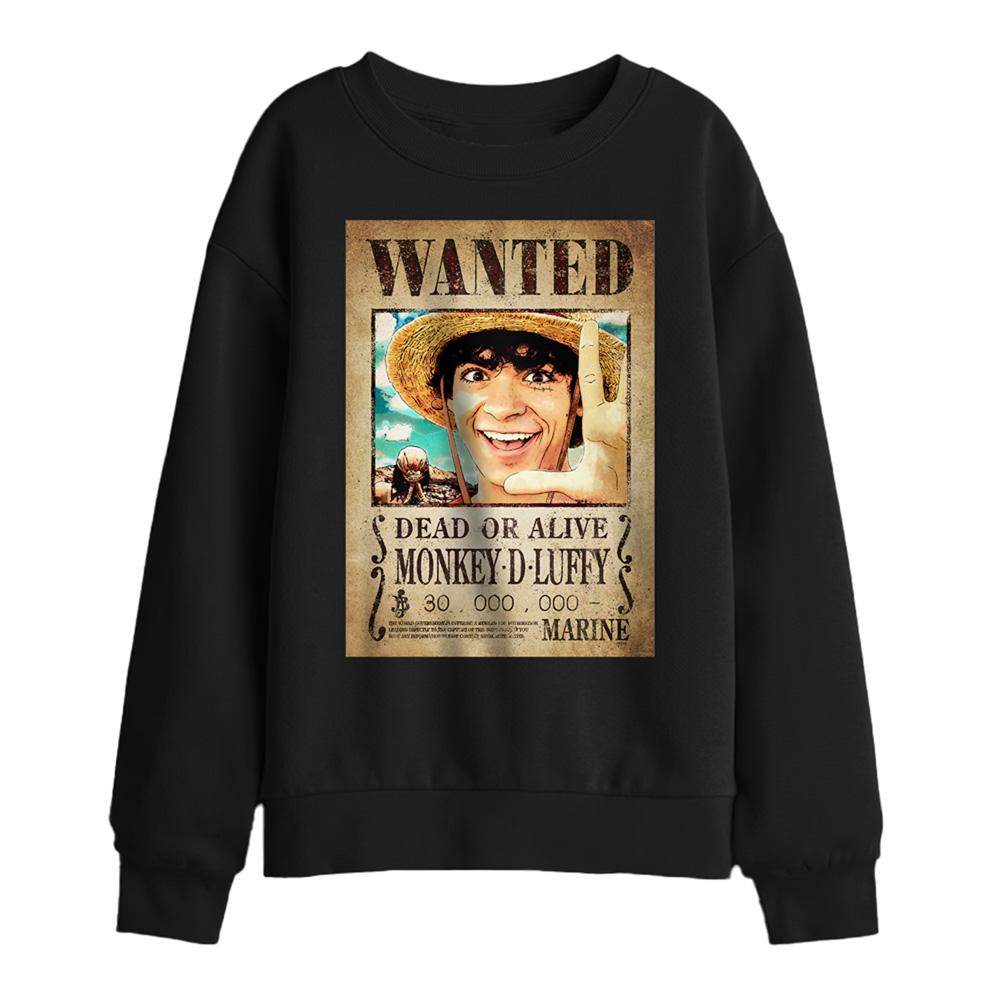 Black - Front - One Piece Childrens-Kids Luffy Wanted Poster Sweatshirt