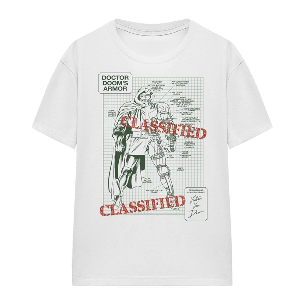 White - Front - Doctor Doom Womens-Ladies Classified Armor Blueprint T-Shirt