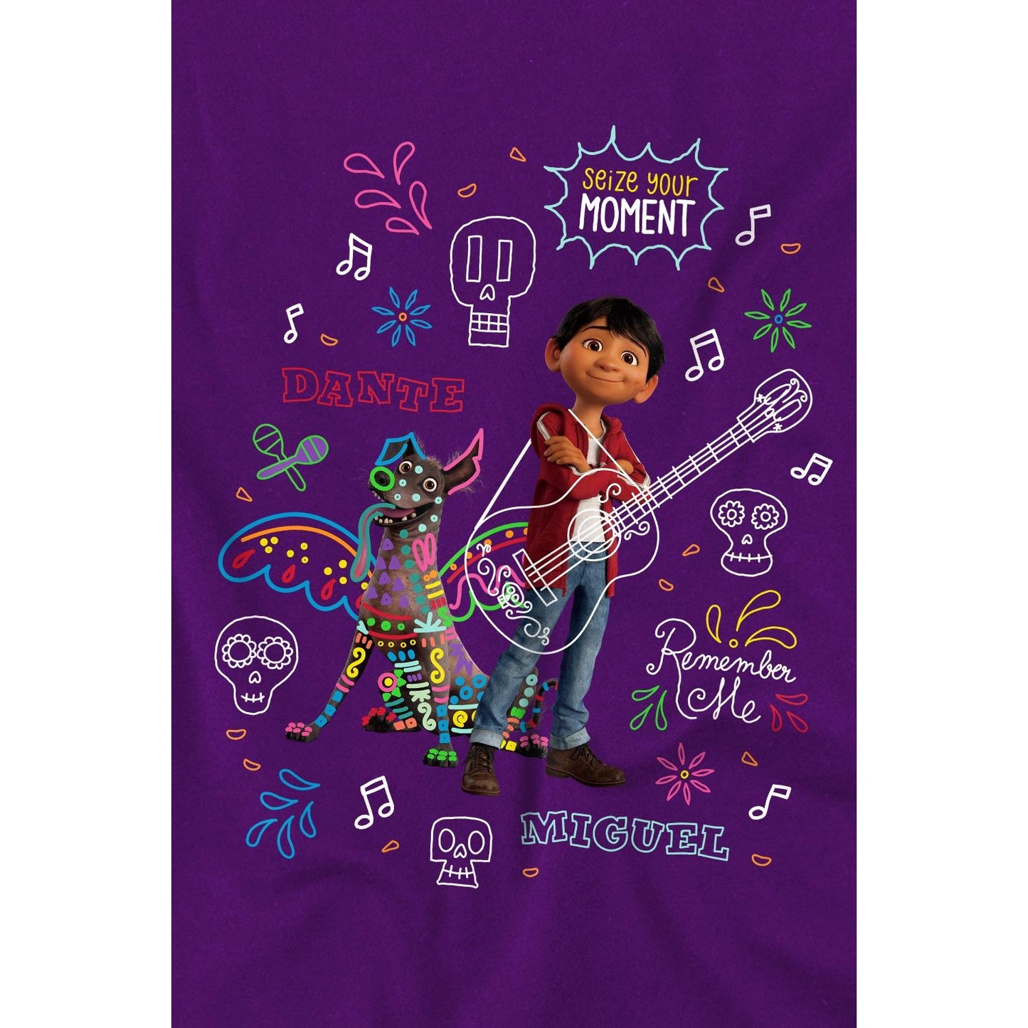 Purple - Back - Coco Childrens-Kids Miguel Dante Movie Quotes And Colourful Doodles T-Shirt