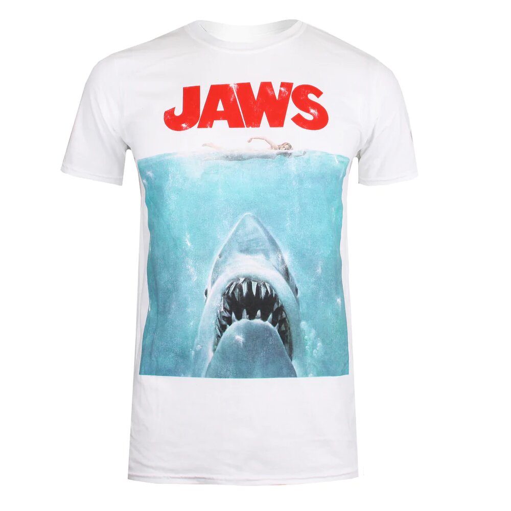White-Blue-Red - Front - Jaws Mens Poster T-Shirt