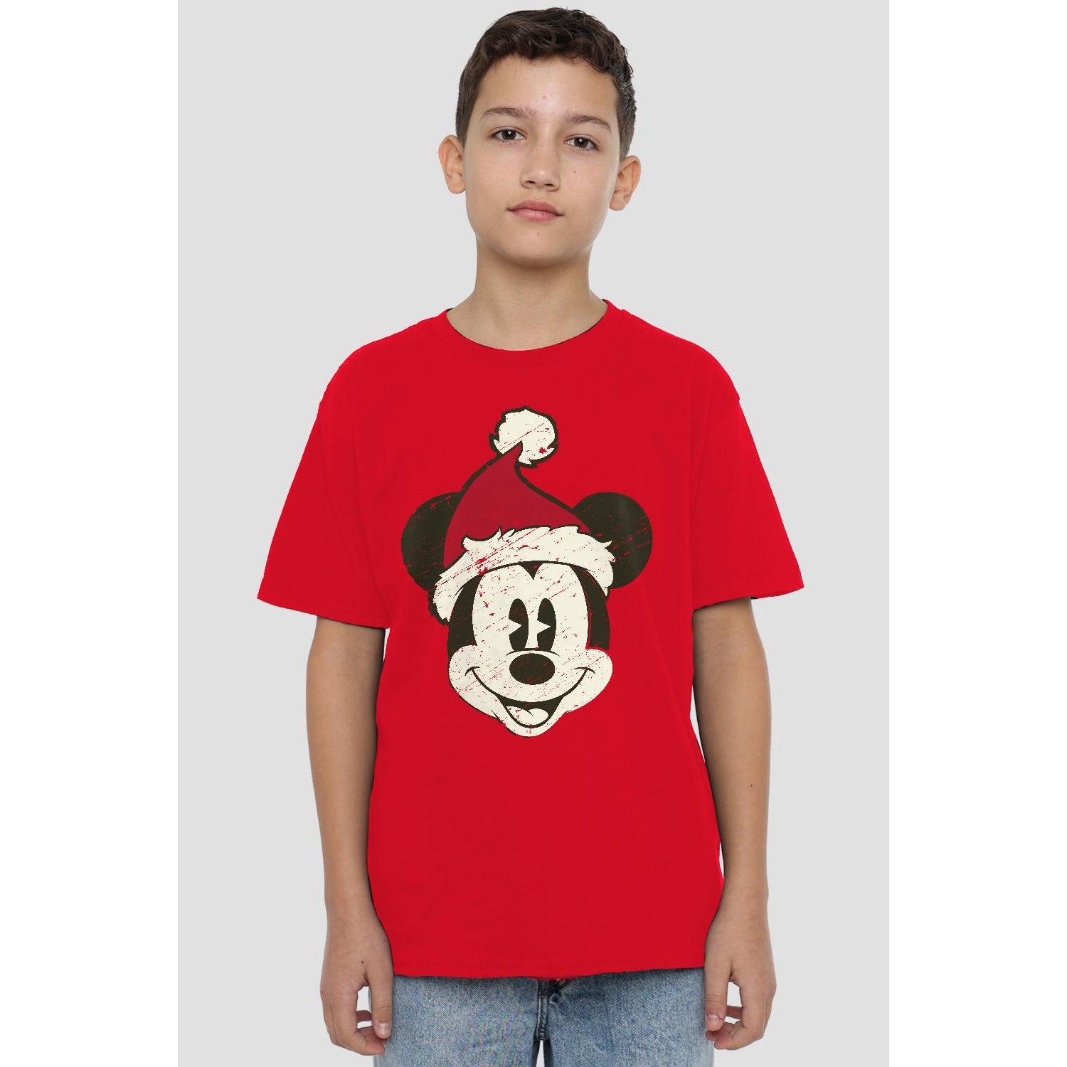 Red - Back - Disney Childrens-Kids Mickey Mouse Santa Face T-Shirt