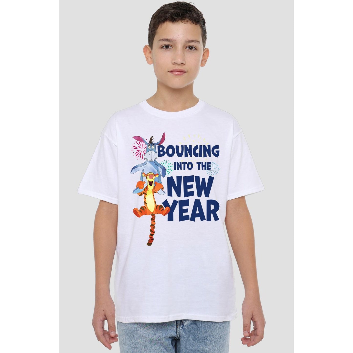 White - Back - Winnie the Pooh Childrens-Kids Bouncing Into The New Year T-Shirt