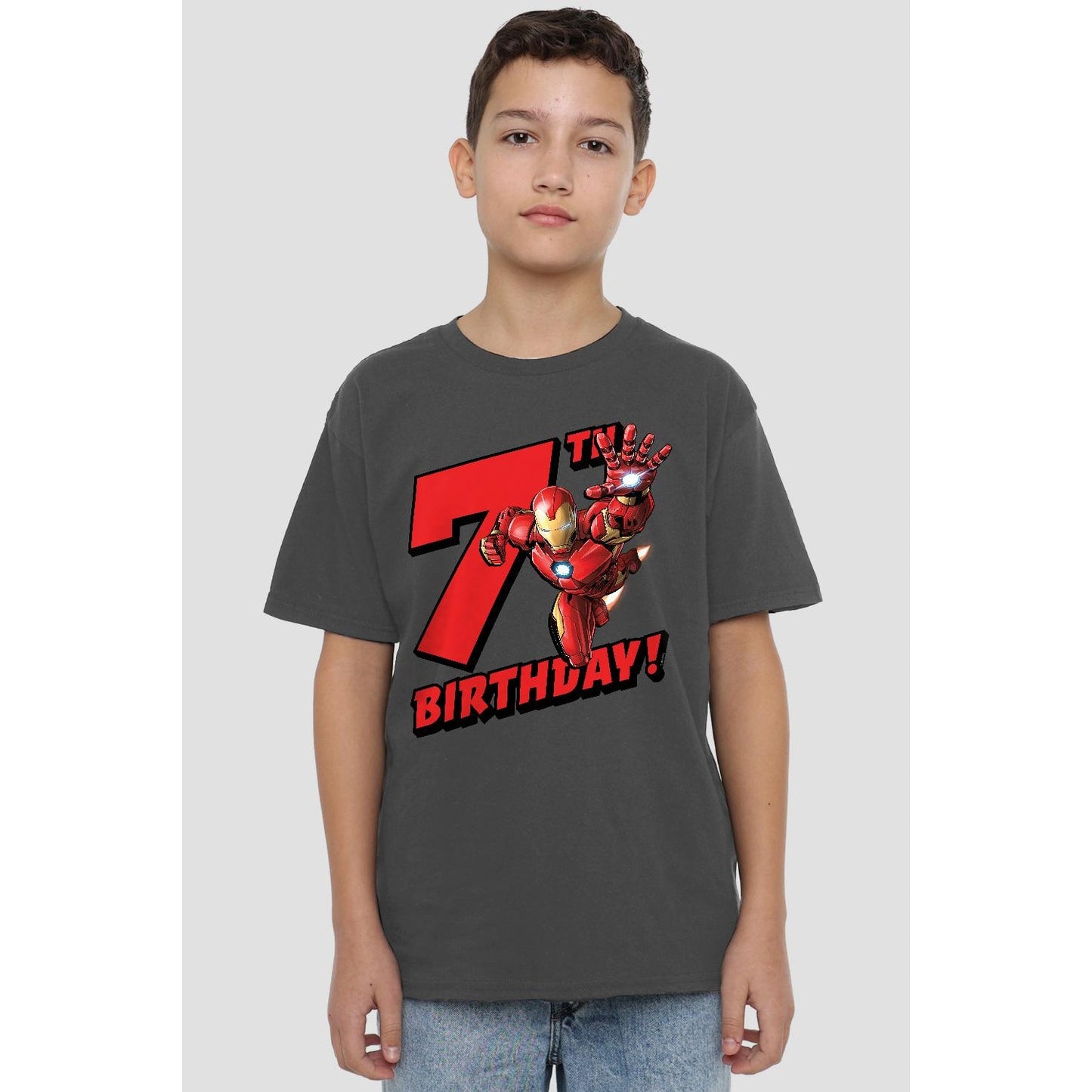 Charcoal - Back - Iron Man Childrens-Kids 7th Birthday T-Shirt