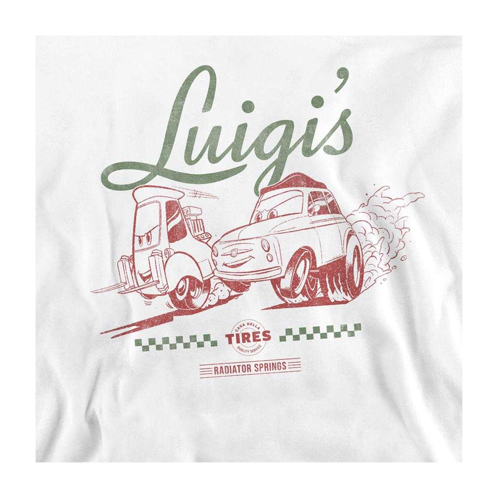 White - Side - Cars Unisex Adult Luigi´s Tyre Shop Transfer Sweatshirt