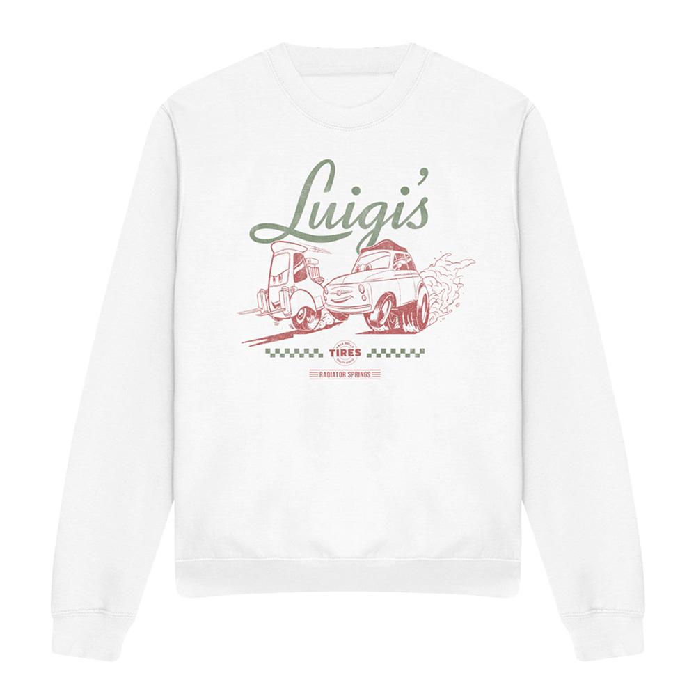 White - Front - Cars Unisex Adult Luigi´s Tyre Shop Transfer Sweatshirt