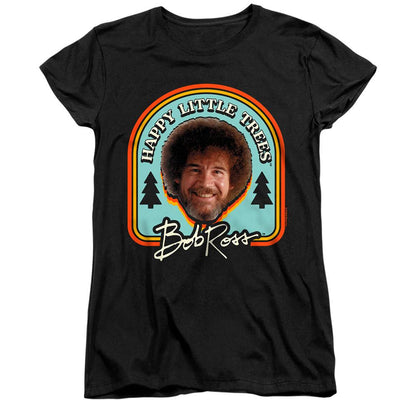 Black - Front - Bob Ross Womens-Ladies Happy Little Trees Badge Fitted T-Shirt