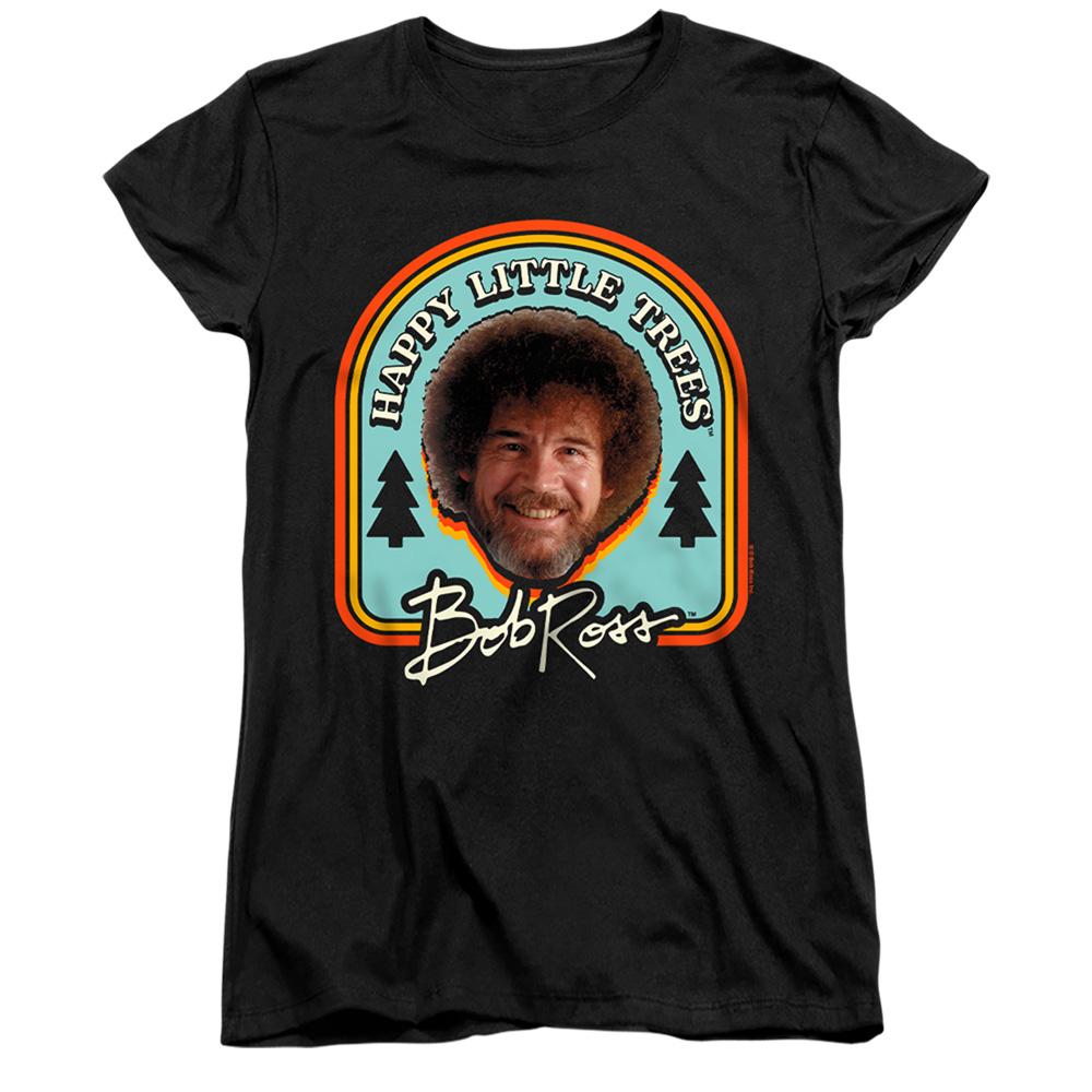Black - Front - Bob Ross Womens-Ladies Happy Little Trees Badge Fitted T-Shirt