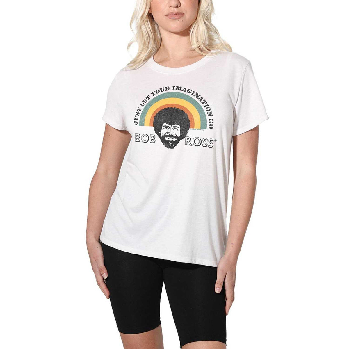 White - Side - Bob Ross Womens-Ladies Just Let Your Imagination Go Rainbow Regular T-Shirt