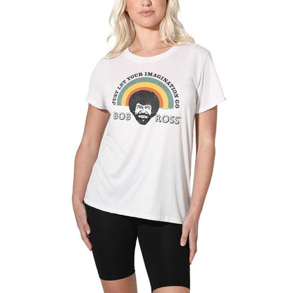 White - Side - Bob Ross Womens-Ladies Just Let Your Imagination Go Rainbow Regular T-Shirt
