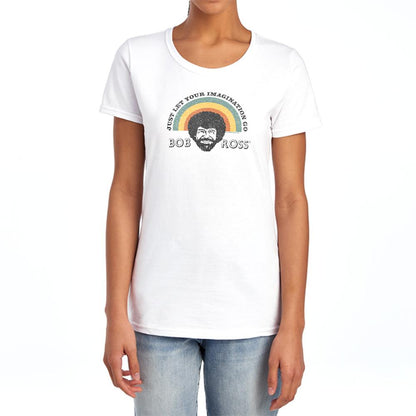 White - Lifestyle - Bob Ross Womens-Ladies Just Let Your Imagination Go Rainbow Fitted T-Shirt