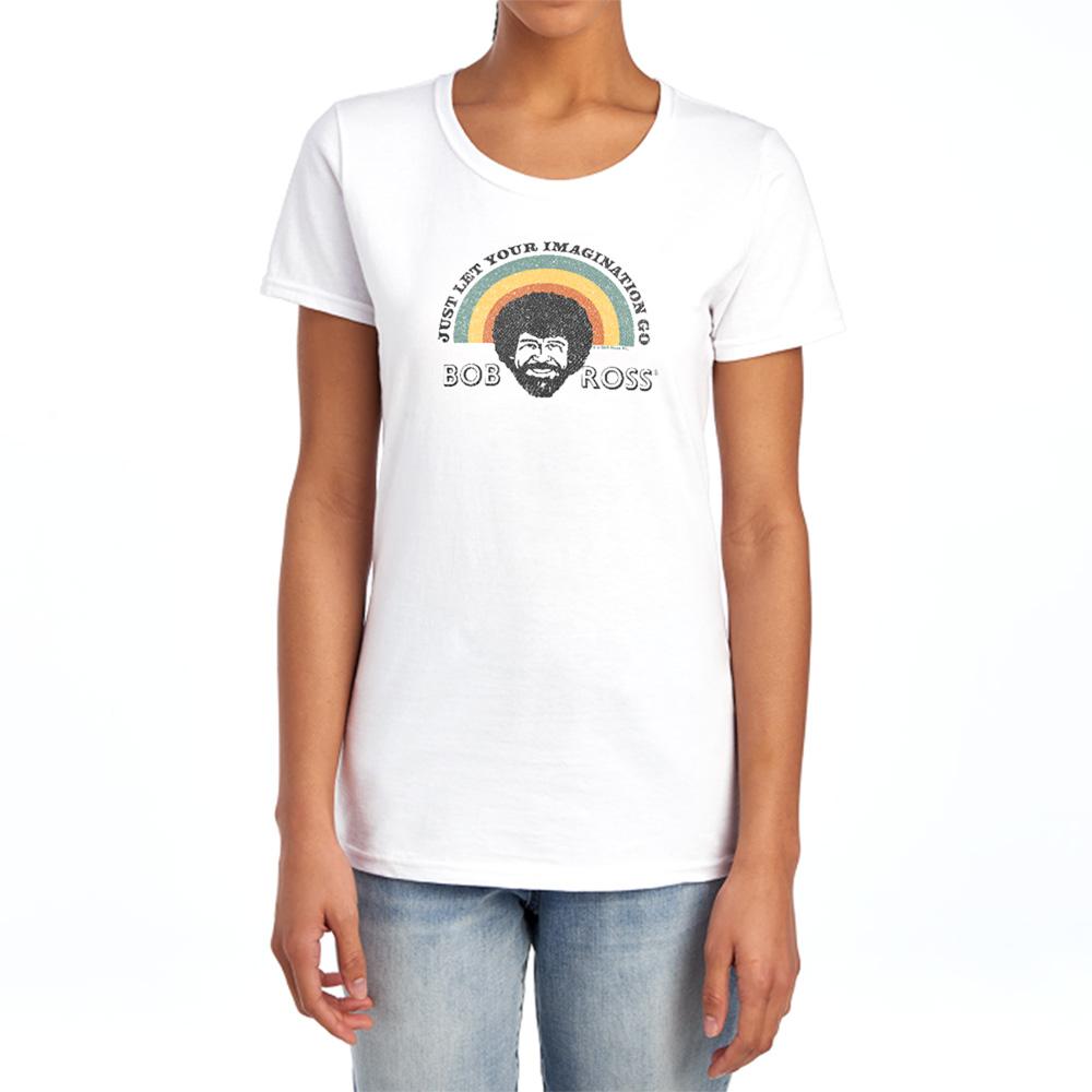 White - Lifestyle - Bob Ross Womens-Ladies Just Let Your Imagination Go Rainbow Fitted T-Shirt