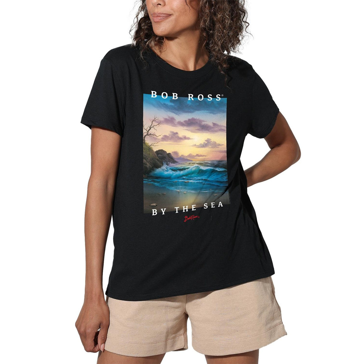 Black - Side - Bob Ross Womens-Ladies By The Sea Regular T-Shirt