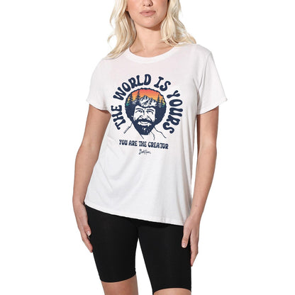 White - Side - Bob Ross Womens-Ladies The World Is Yours Regular T-Shirt