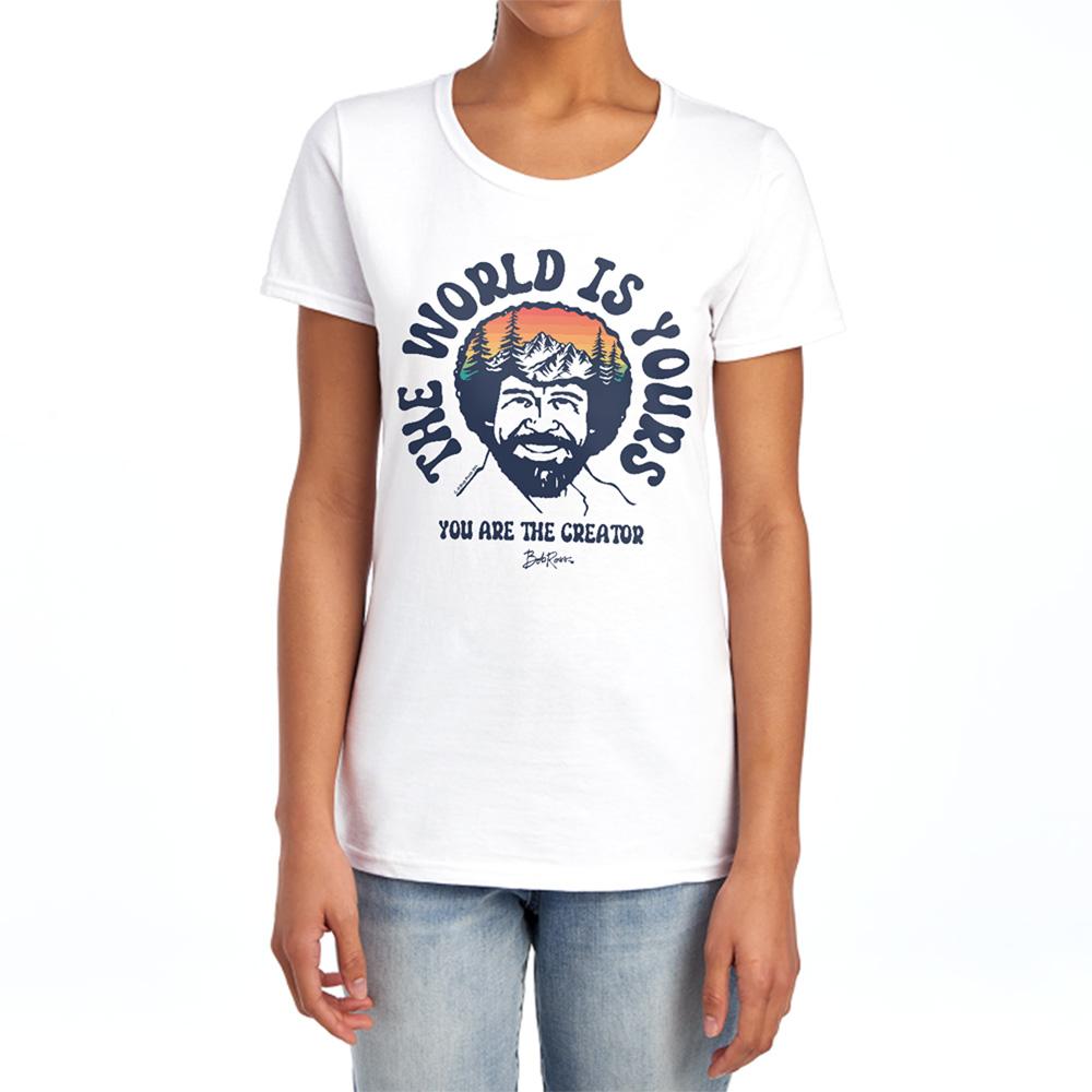 White - Side - Bob Ross Womens-Ladies The World Is Yours Fitted T-Shirt