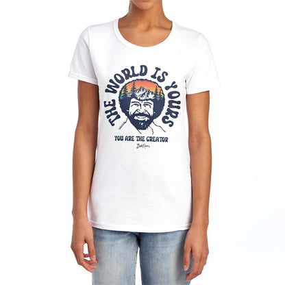 White - Side - Bob Ross Womens-Ladies The World Is Yours Fitted T-Shirt