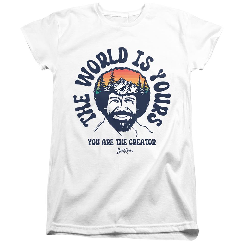 White - Front - Bob Ross Womens-Ladies The World Is Yours Fitted T-Shirt