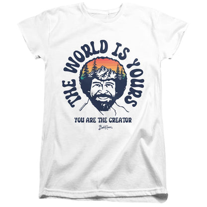 White - Front - Bob Ross Womens-Ladies The World Is Yours Fitted T-Shirt