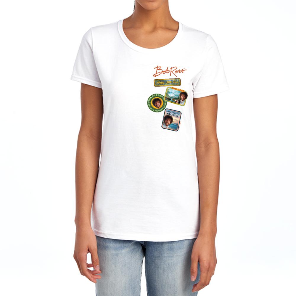 White - Side - Bob Ross Womens-Ladies Badge Fitted T-Shirt
