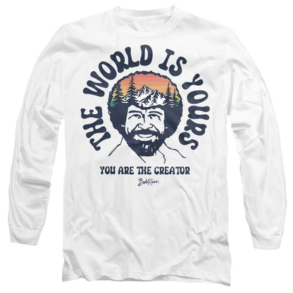 White - Front - Bob Ross Unisex Adult The World Is Yours Long-Sleeved T-Shirt