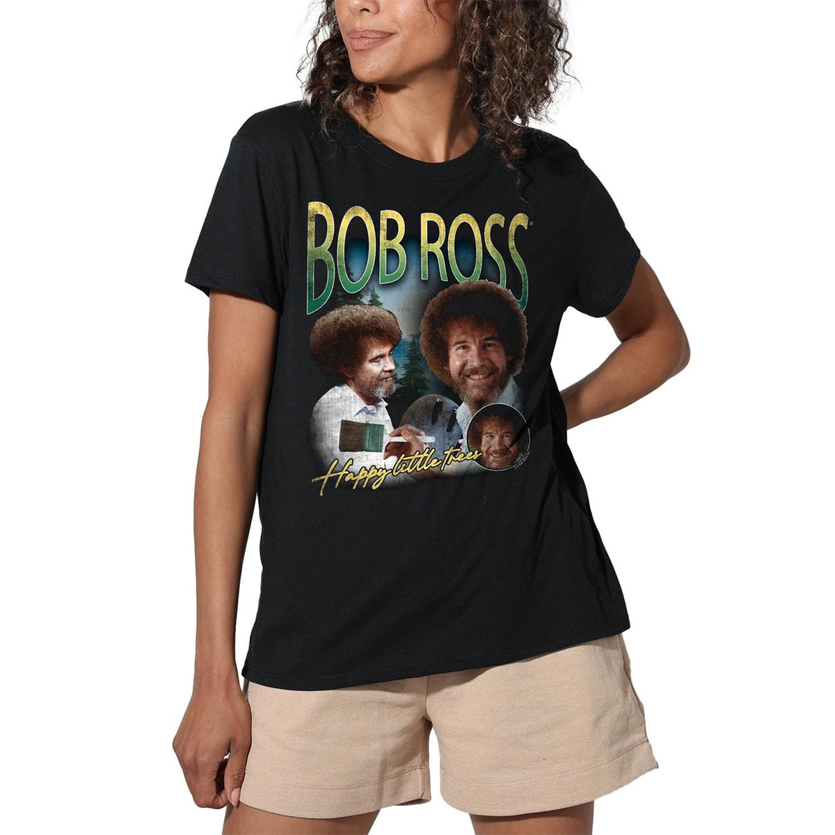 Black - Side - Bob Ross Womens-Ladies Happy Little Trees Homage Regular T-Shirt