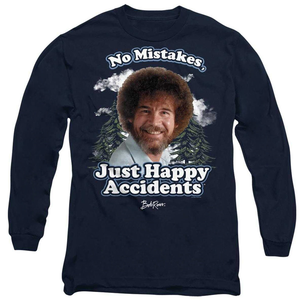 Navy - Front - Bob Ross Unisex Adult Just Happy Accidents Clouds Long-Sleeved T-Shirt